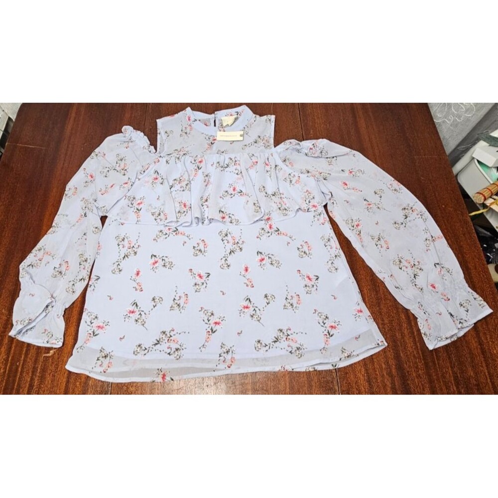 Maeve Anthropologie Lt Blue Floral Ruffle Cold Shoulder Top Blouse Sz M NWT